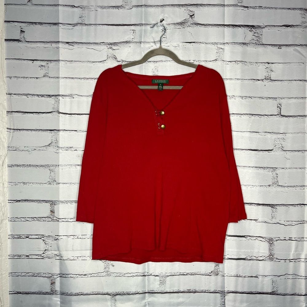 Lauren Ralph Lauren Red ¼ Button V‑Neck Blouse Women’s XL Classic Career Top Y2K
